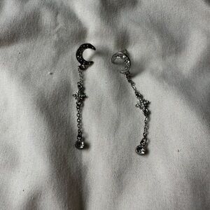 crescent gem studded dangly silver earrings